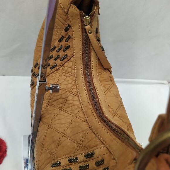 Isabella Fiore Tan Brown Learher Stitching Zipper Closure Hobo Shoulder Bag - Picture 9 of 16